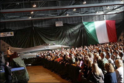 Laura Bush addresses an audience of U.S. troops during a visit to Aviano Air Base, in Aviano, Italy, Friday, Feb. 10, 2006. White House photo by Shealah Craighead